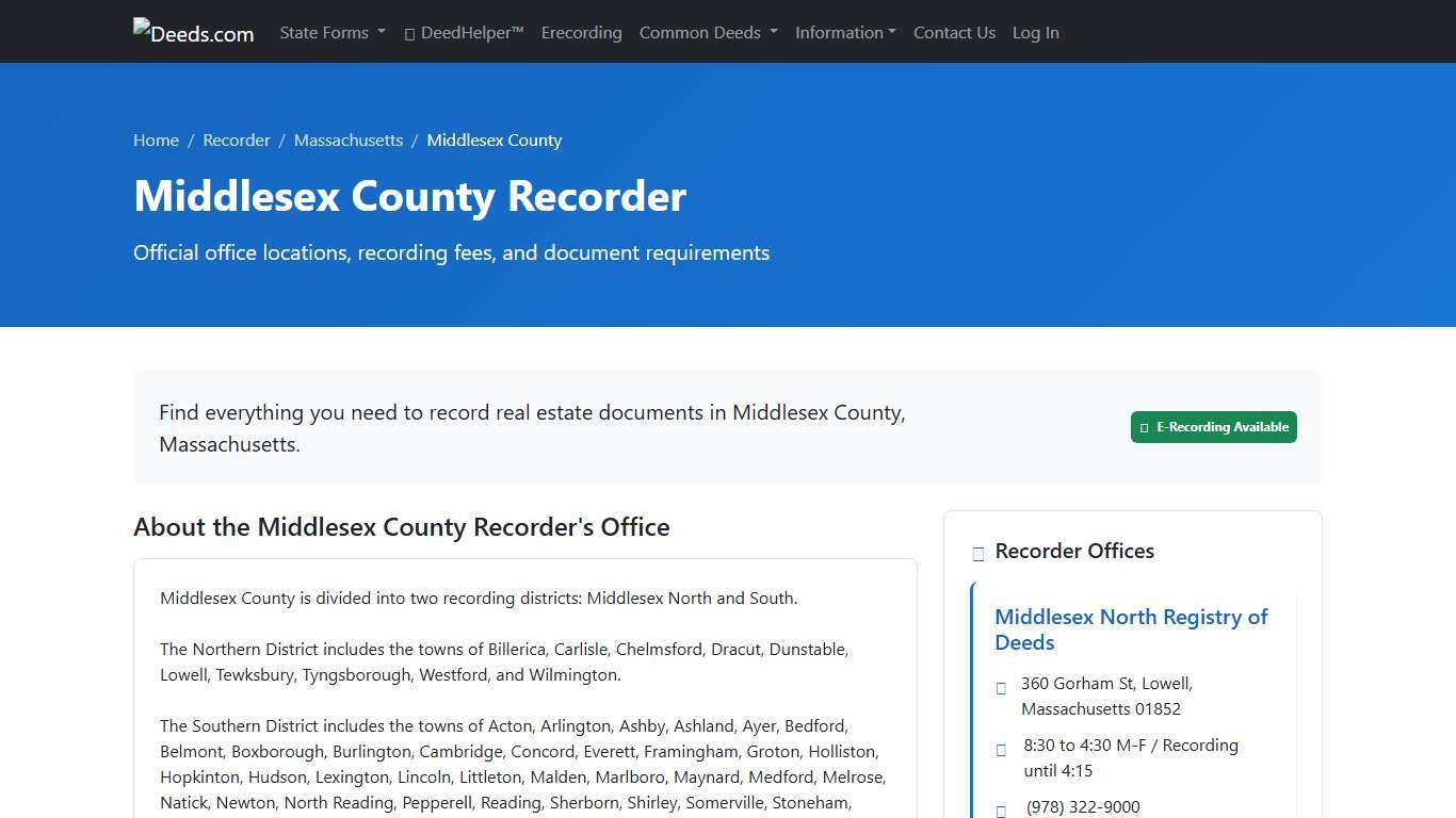 Middlesex County Recorder Information, Massachusetts - Deeds.com